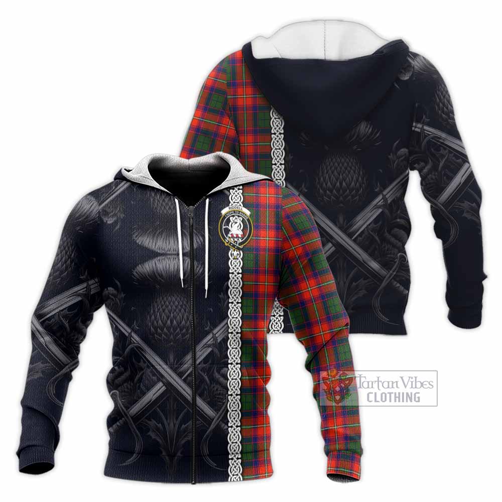 Tartan Vibes Clothing Riddell Tartan Knitted Hoodie with Family Crest Cross Sword Thistle Celtic Vibes