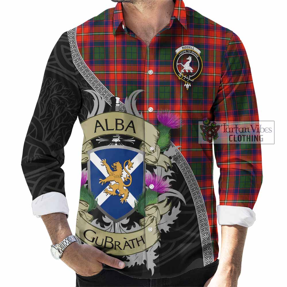 Tartan Vibes Clothing Riddell Tartan Family Crest Long Sleeve Button Shirt Lion Rampant Royal Thistle Shield Celtic Inspired