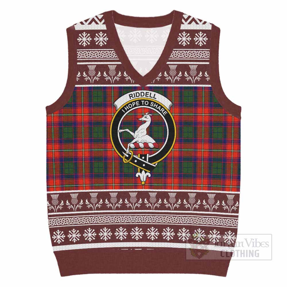 Riddell Clan Tartan Christmas Knitted V-Neck Vest with Family Crest - Tartan Vibes Clothing
