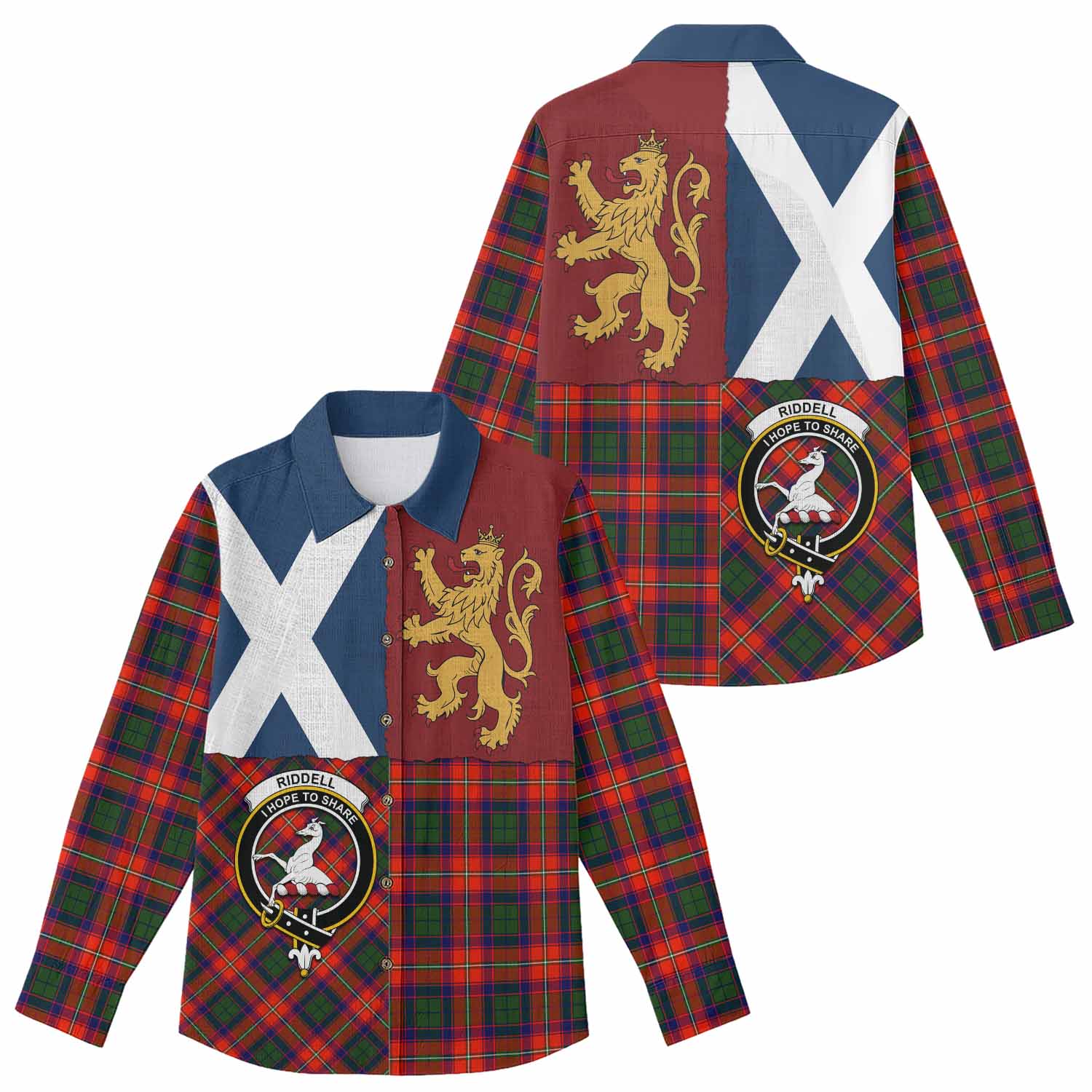 Riddell Crest Tartan Women Casual Shirt with Lion Rampant Saltire Style