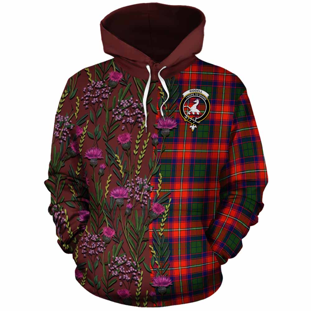 Riddell Family Crest Tartan Cotton Hoodie Scottish Thistle Flower Pattern Half Style - Tartan Vibes Clothing