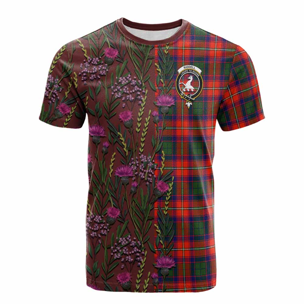 Riddell Family Crest Tartan Cotton T-shirt Scottish Thistle Flower Pattern Half Style - Tartan Vibes Clothing