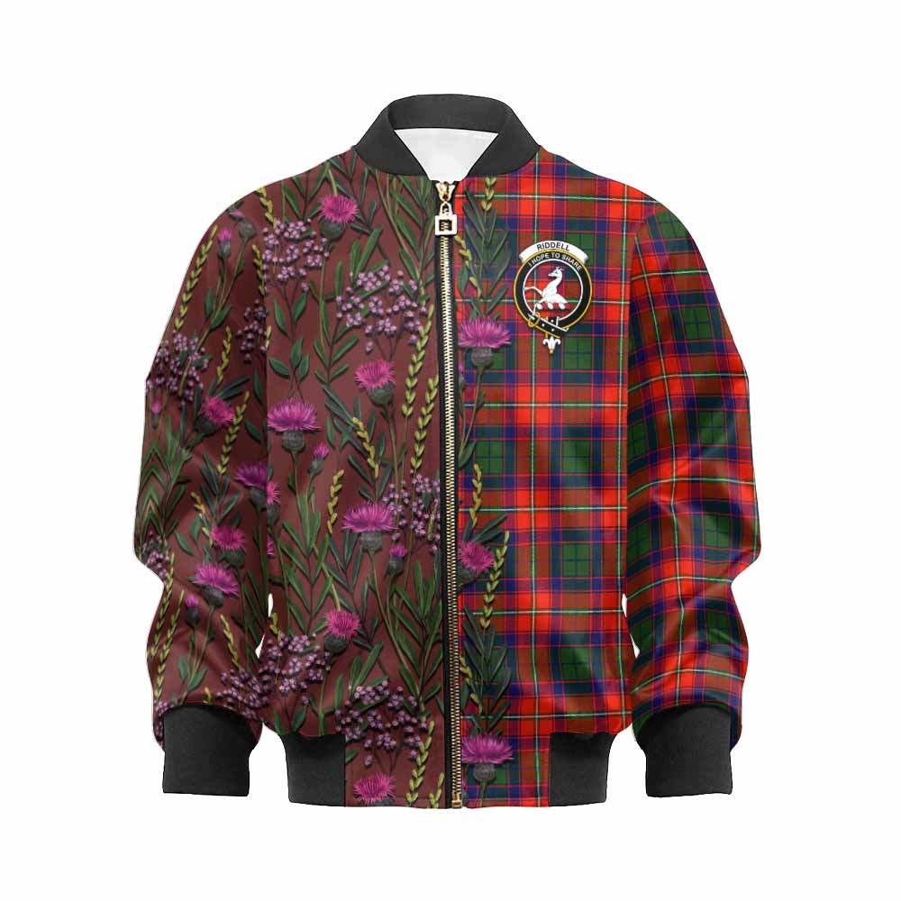 Riddell Family Crest Tartan Kid Bomber Jacket Scottish Thistle Flower Pattern Half Style - Tartan Vibes Clothing