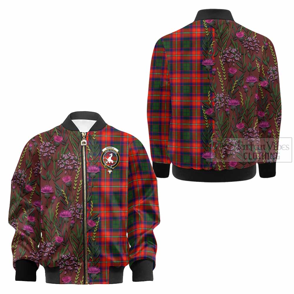 Riddell Family Crest Tartan Kid Bomber Jacket Scottish Thistle Flower Pattern Half Style - Tartan Vibes Clothing