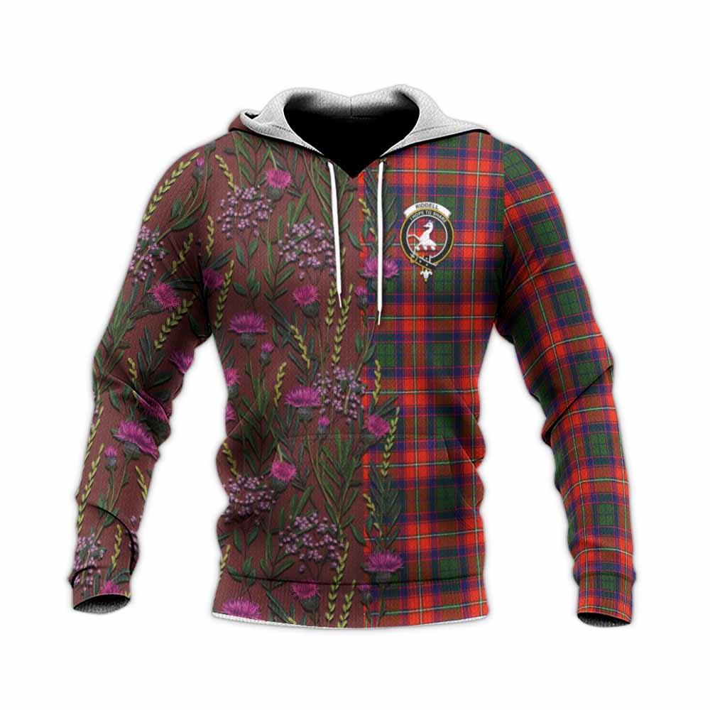 Riddell Family Crest Tartan Knitted Hoodie Scottish Thistle Flower Pattern Half Style - Tartan Vibes Clothing