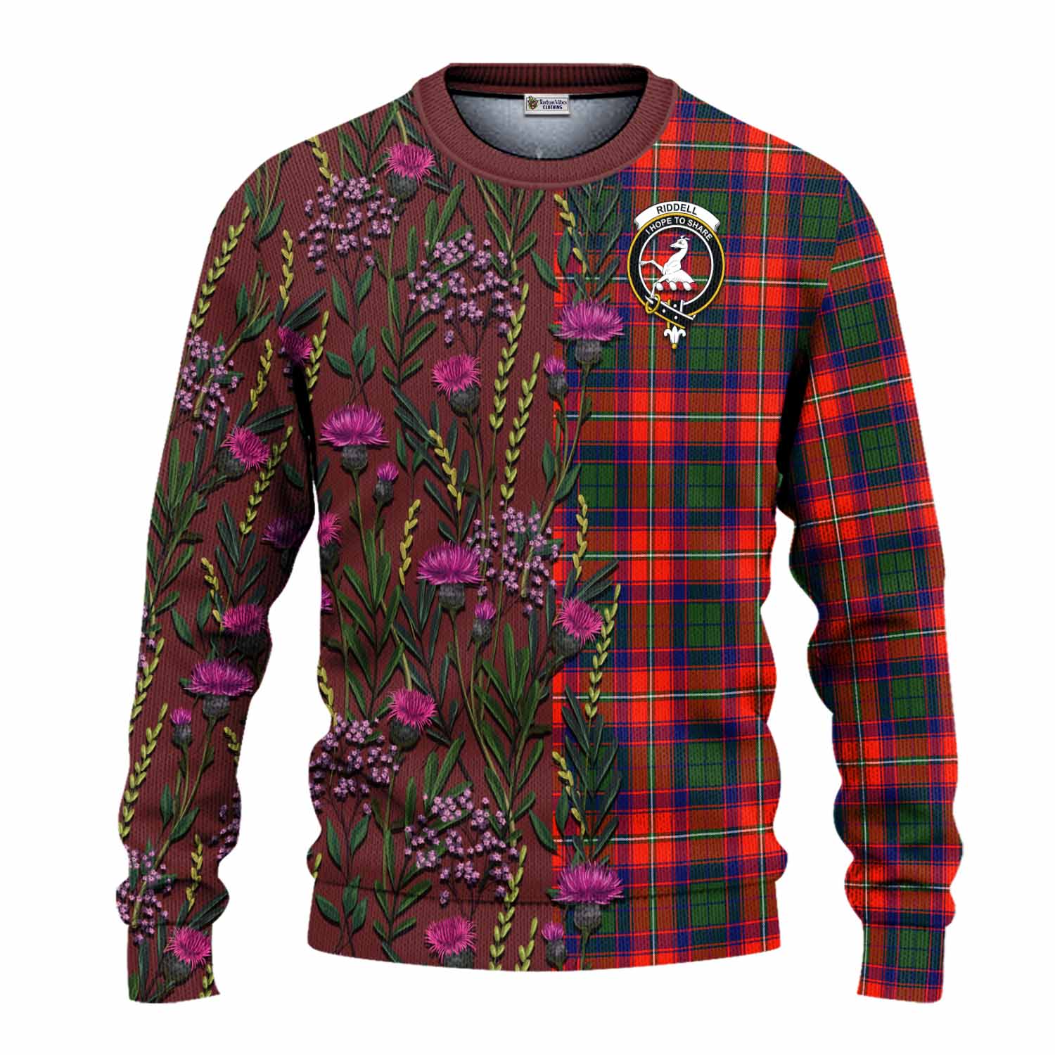 Riddell Family Crest Tartan Knitted Sweater Scottish Thistle Flower Pattern Half Style - Tartan Vibes Clothing
