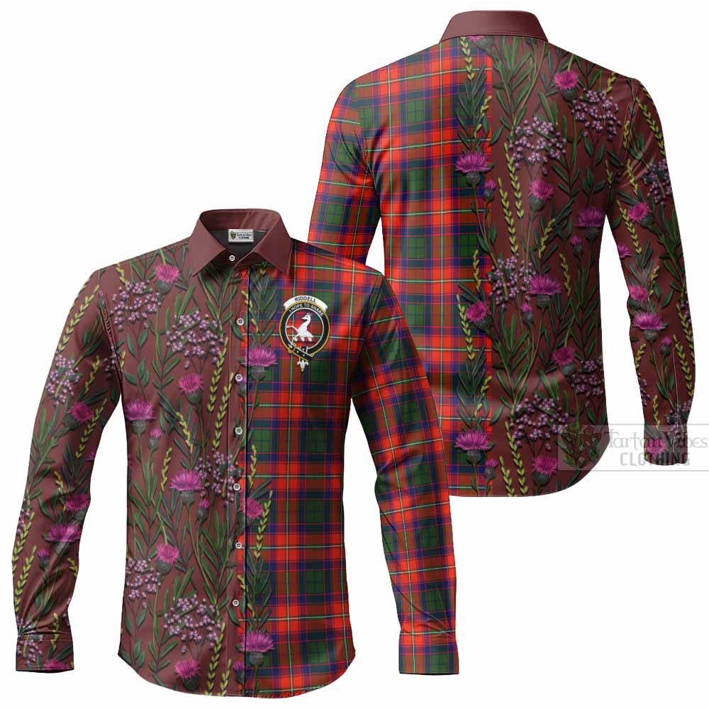 Riddell Family Crest Tartan Long Sleeve Button Shirts Scottish Thistle Flower Pattern Half Style - Tartan Vibes Clothing