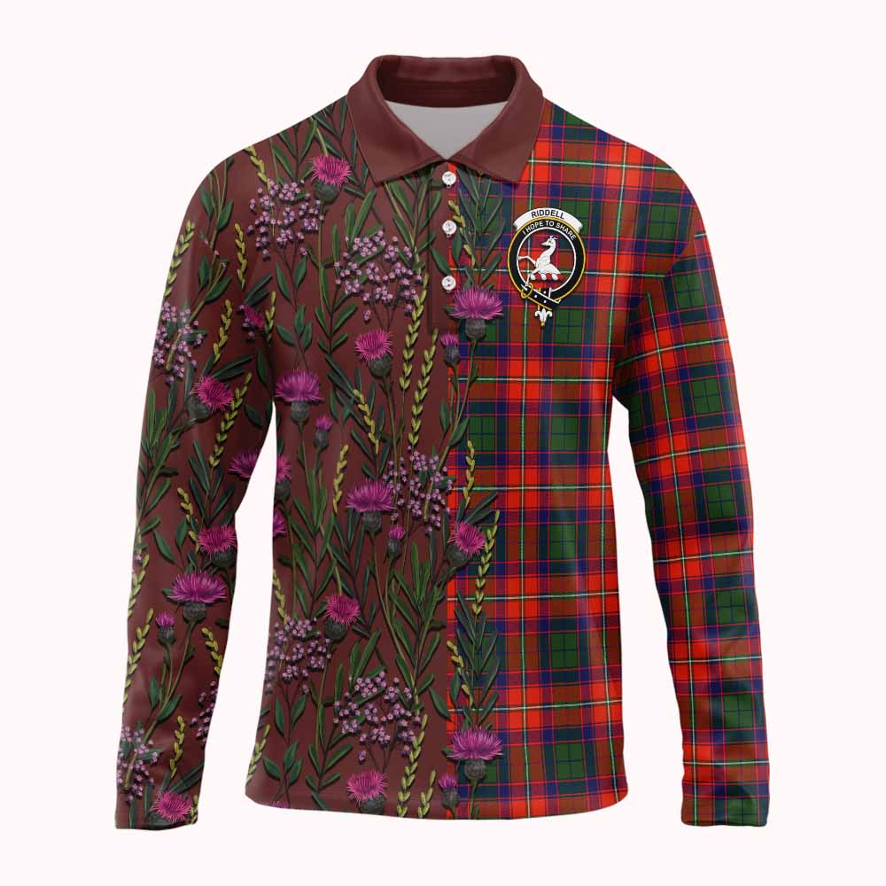 Riddell Family Crest Tartan Long Sleeve Polo Shirt Scottish Thistle Flower Pattern Half Style - Tartan Vibes Clothing