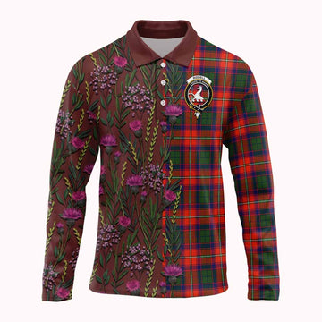 Riddell Family Crest Tartan Long Sleeve Polo Shirt Scottish Thistle Flower Pattern Half Style - Tartan Vibes Clothing