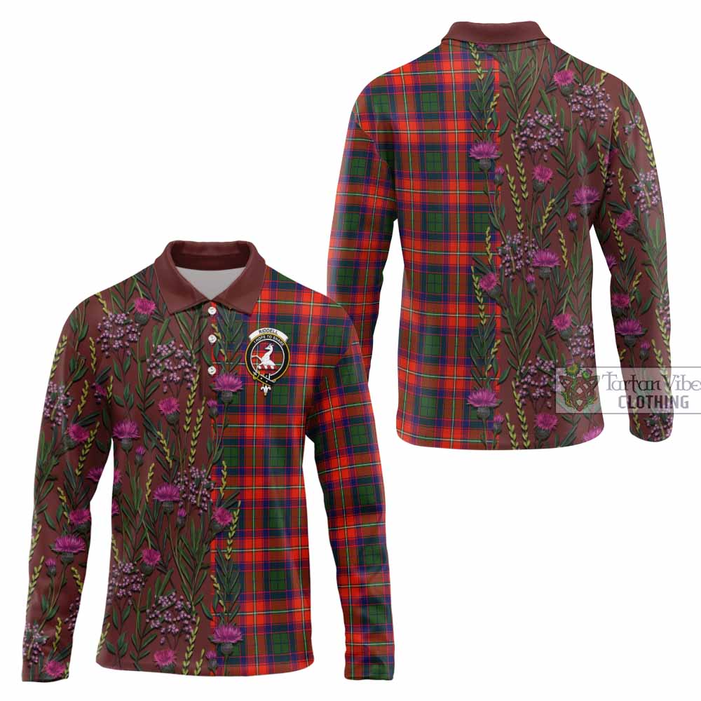 Riddell Family Crest Tartan Long Sleeve Polo Shirt Scottish Thistle Flower Pattern Half Style - Tartan Vibes Clothing