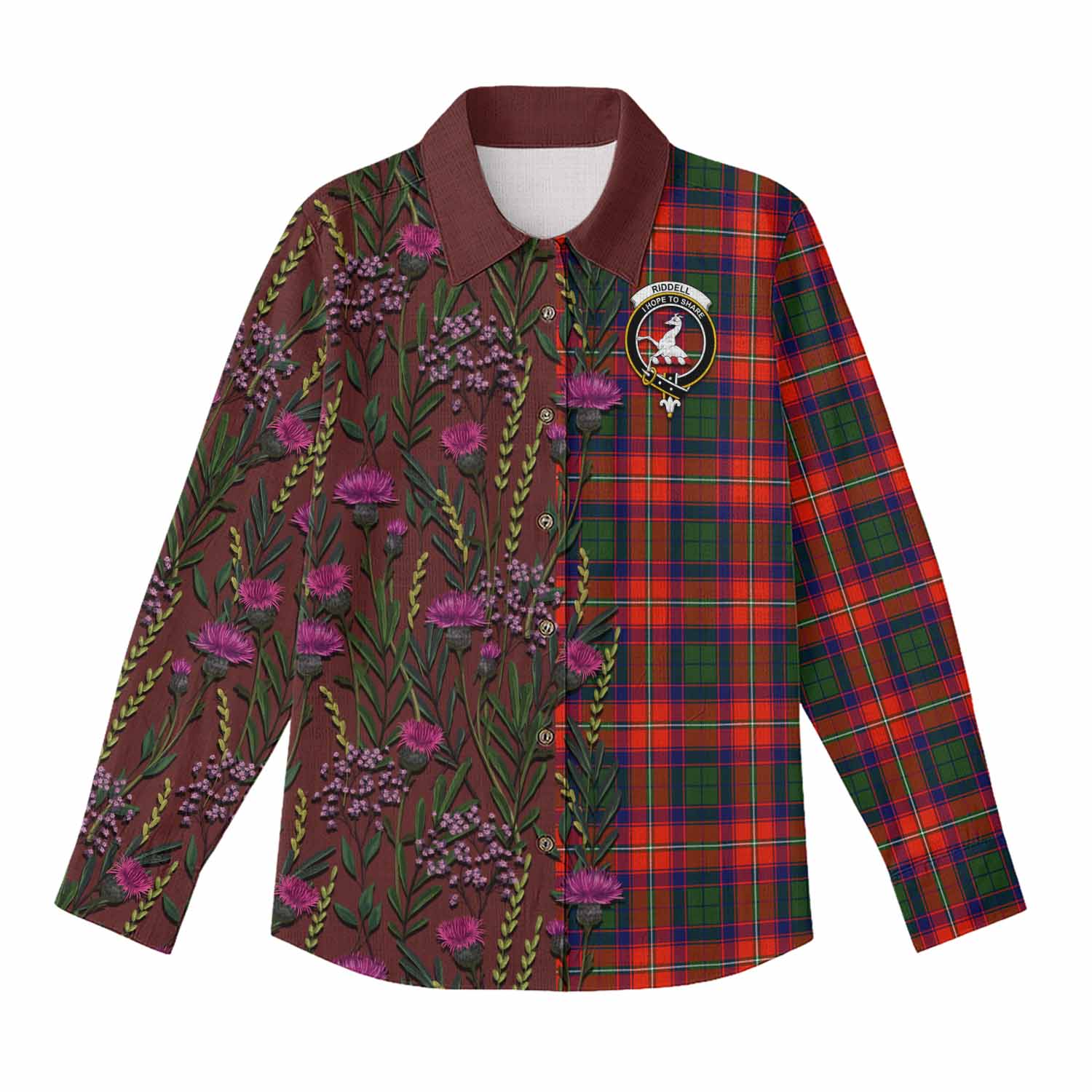Riddell Family Crest Tartan Women Casual Shirt Scottish Thistle Flower Pattern Half Style - Tartan Vibes Clothing
