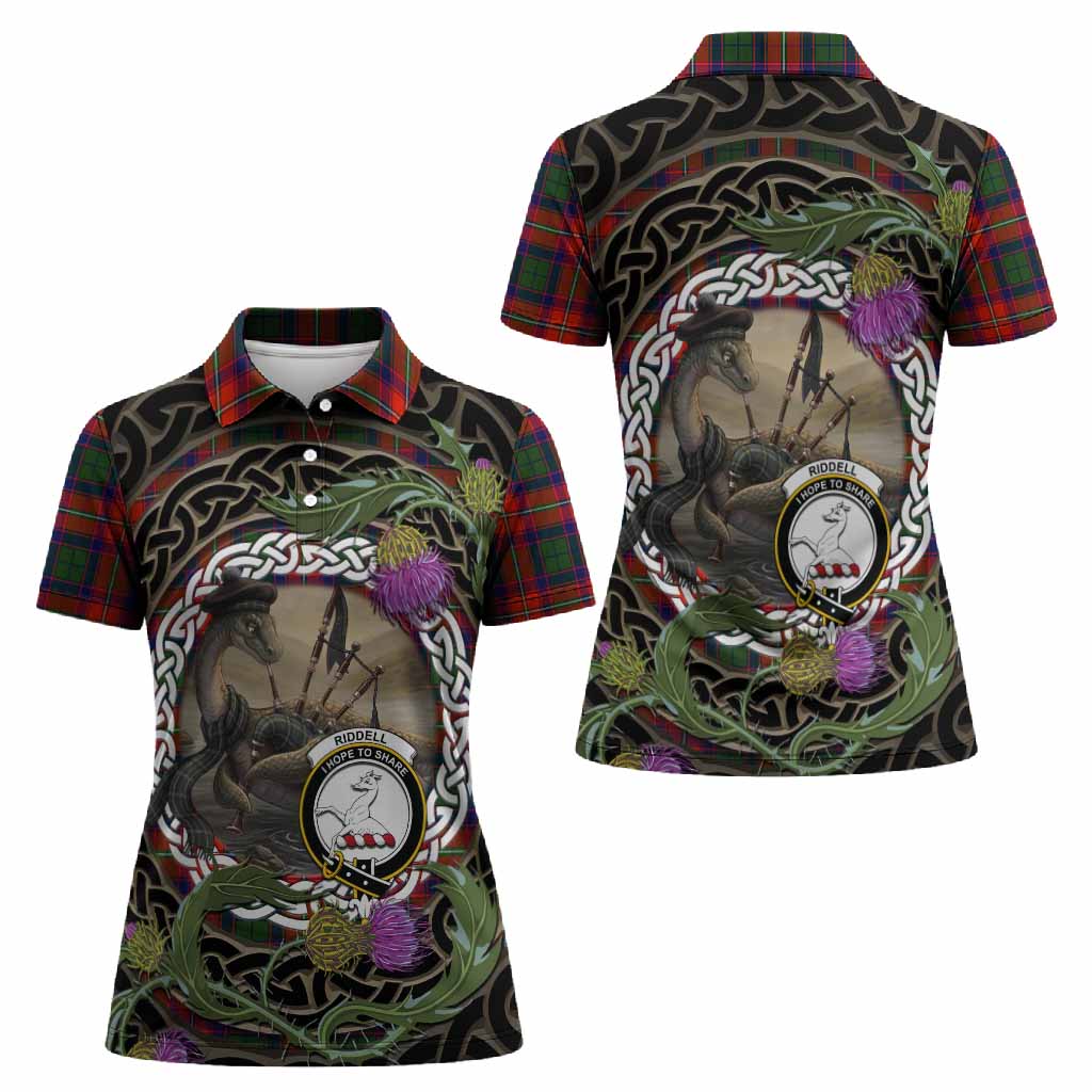 Riddell Tartan Crest Bagpipe Nessie Women Polo Shirt Scottish Loch Ness Monster Celtic Thistle