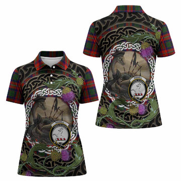 Riddell Tartan Crest Bagpipe Nessie Women Polo Shirt Scottish Loch Ness Monster Celtic Thistle