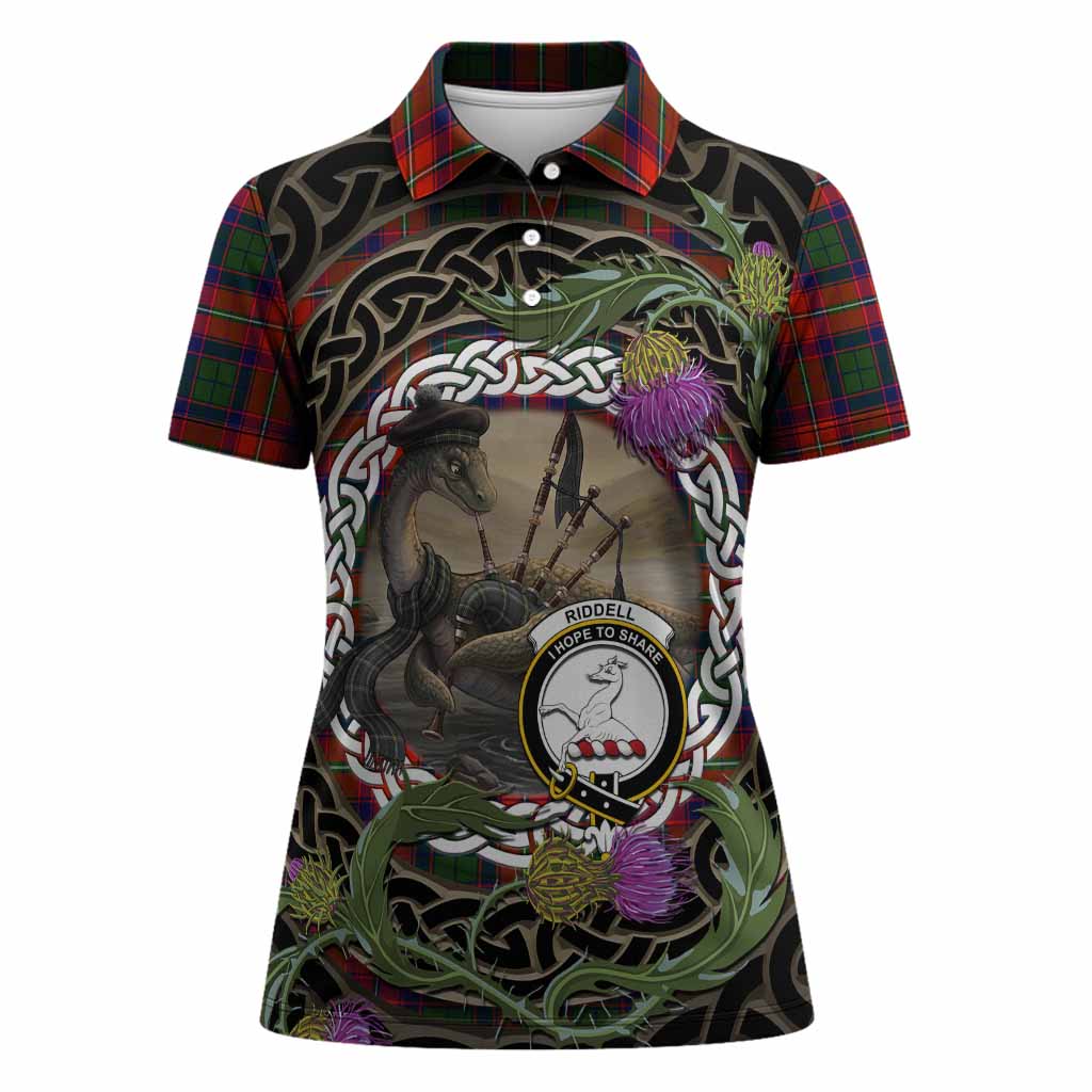 Riddell Tartan Crest Bagpipe Nessie Women Polo Shirt Scottish Loch Ness Monster Celtic Thistle