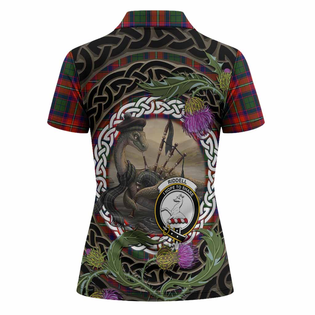Riddell Tartan Crest Bagpipe Nessie Women Polo Shirt Scottish Loch Ness Monster Celtic Thistle
