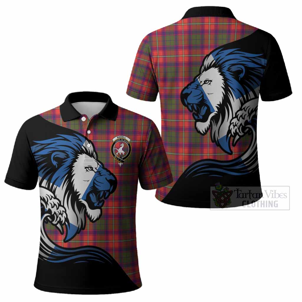 Riddell Tartan Crest Polo Shirt Scottish Golden Lions Wave Flow