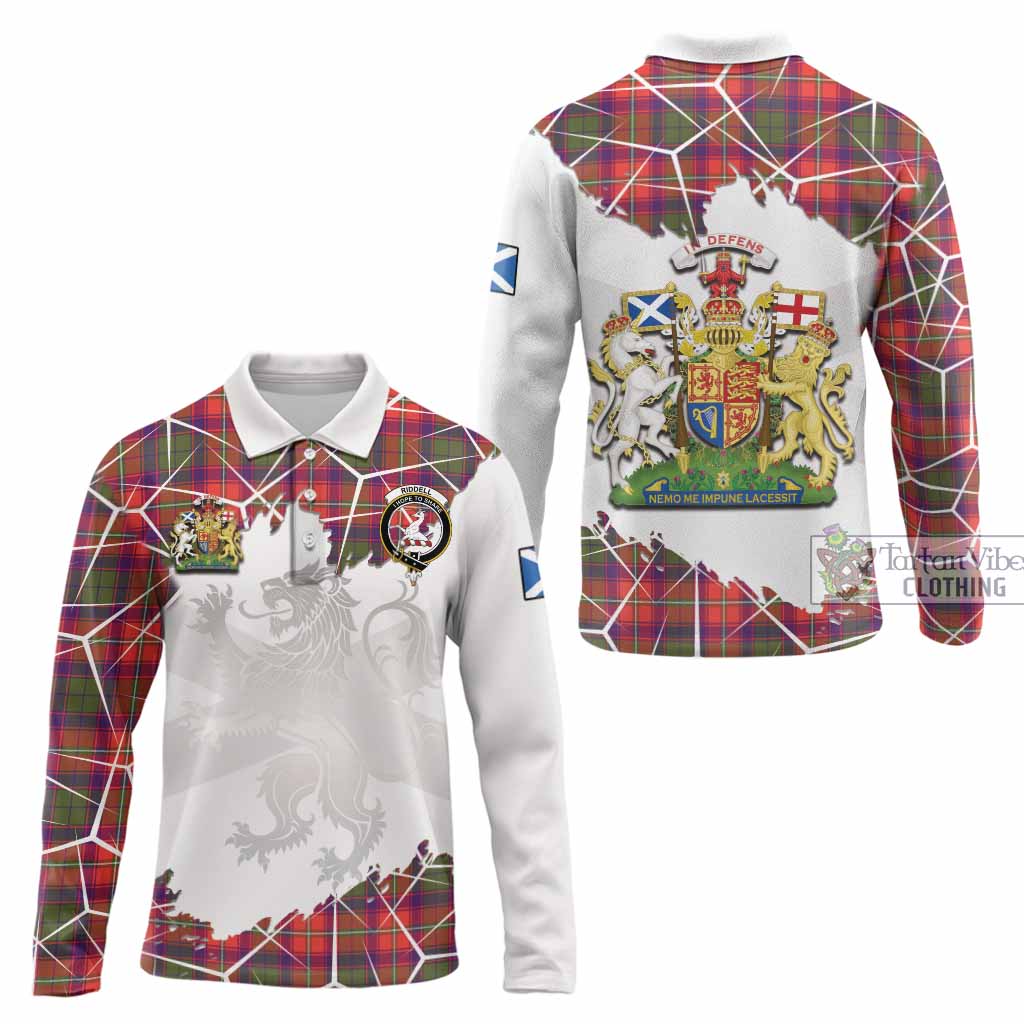 Riddell Tartan Long Sleeve Polo Shirt with Family Crest and Lion Rampant Grunge Style