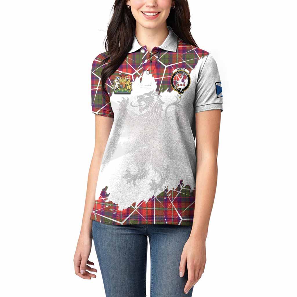 Riddell Tartan Women Polo Shirt with Family Crest and Lion Rampant Grunge Style