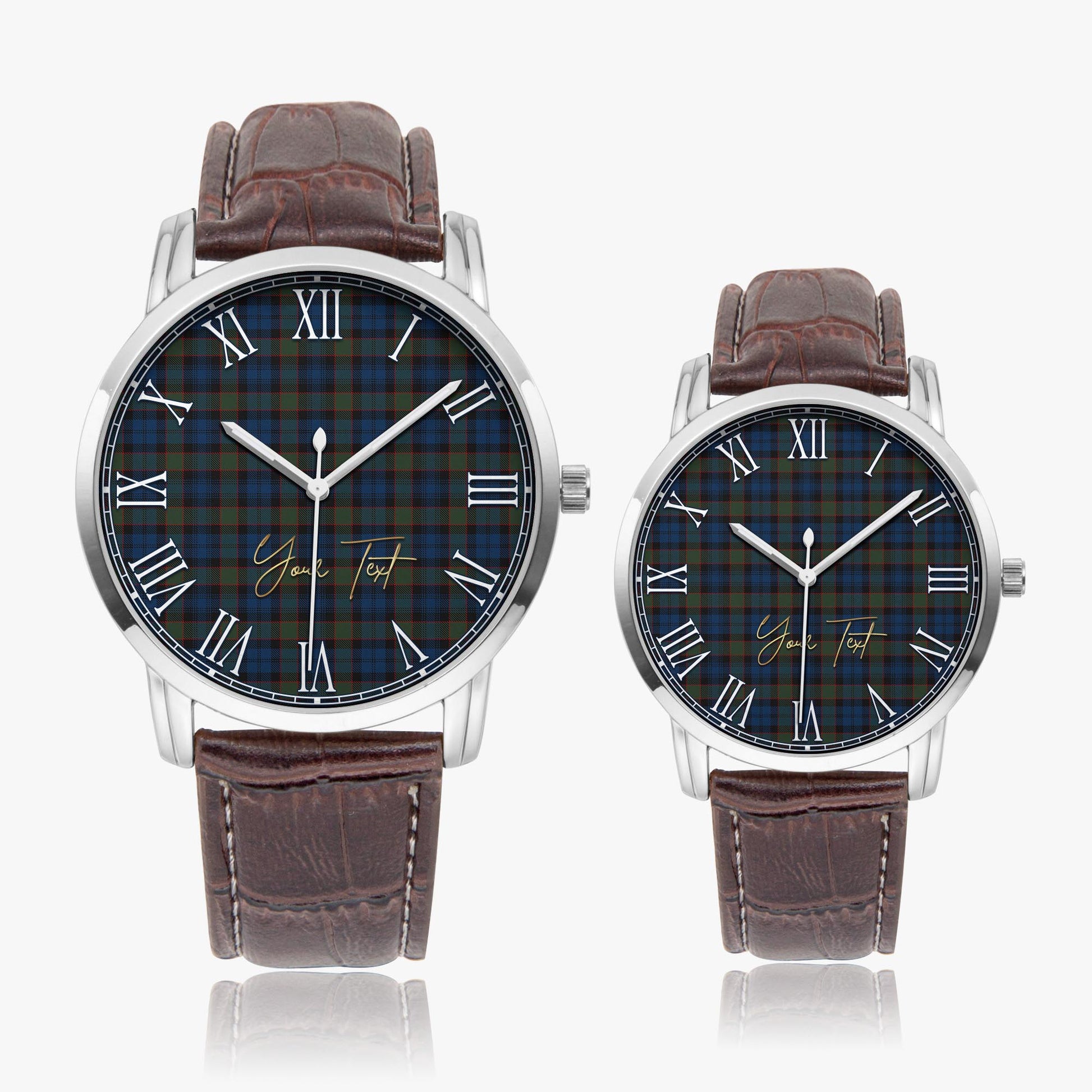 Riddoch Tartan Personalized Your Text Leather Trap Quartz Watch Wide Type Silver Case With Brown Leather Strap - Tartanvibesclothing