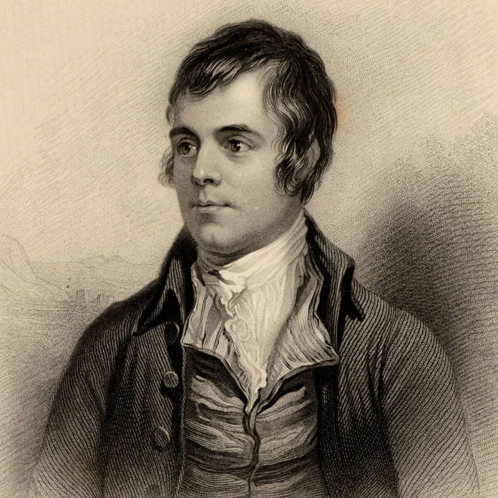 Black-and-white portrait illustration of Scottish poet Robert Burns.