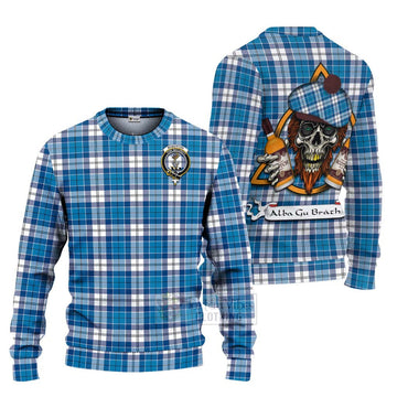 Roberton Tartan Ugly Sweater with Family Crest and Bearded Skull Holding Bottles of Whiskey Unisex - Tartan Vibes Clothing