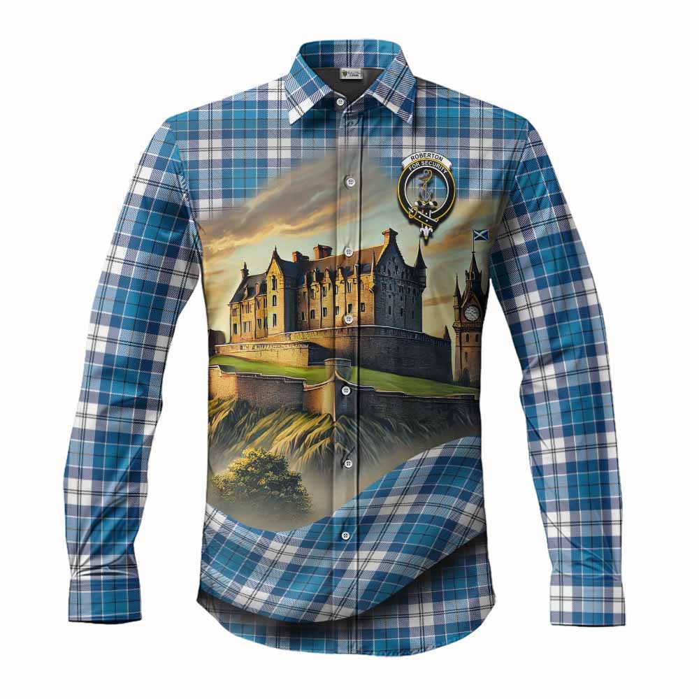 Tartan Vibes Clothing Roberton Tartan Family Crest Long Sleeve Button Shirt with Scottish Ancient Castle Style