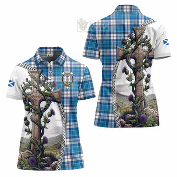 Roberton Tartan Women's Polo Shirt with Family Crest and St. Andrew's Cross Accented by Thistle Vines Women - Tartan Vibes Clothing