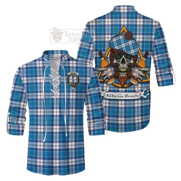 Roberton Tartan Ghillie Kilt Shirt with Family Crest and Bearded Skull Holding Bottles of Whiskey Men - Tartan Vibes Clothing