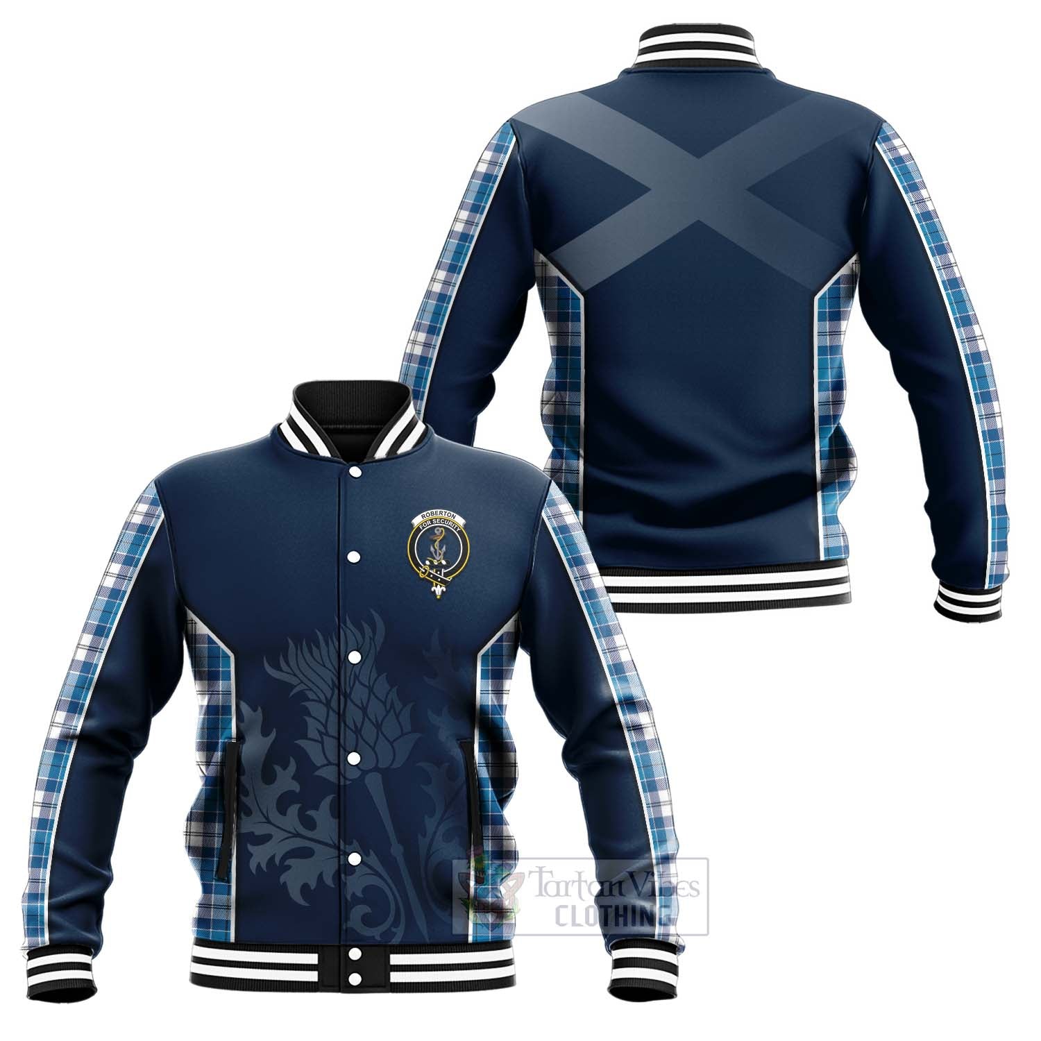 Roberton Tartan Baseball Jacket with Family Crest and Scottish Thistle Vibes Sport Style Unisex - Tartan Vibes Clothing