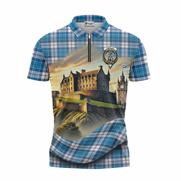 Roberton Tartan Family Crest Zipper Polo Shirt with Scottish Ancient Castle Style Unisex - Tartan Vibes Clothing
