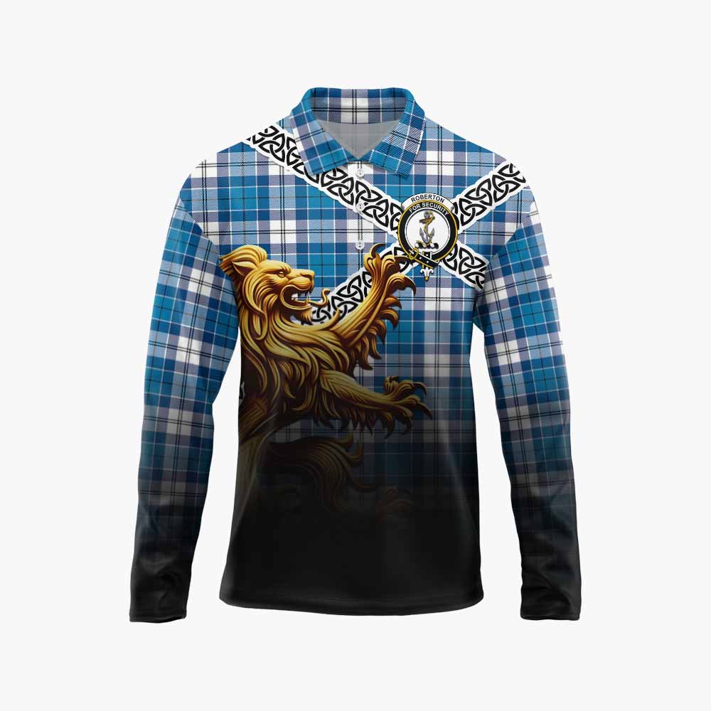 Roberton Crest Tartan Long Sleeve Polo Shirt with Golden Lion Emblem Celtic Style Unisex - Tartan Vibes Clothing