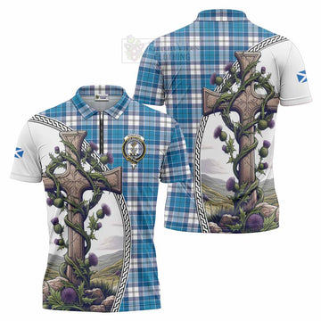 Roberton Tartan Zipper Polo Shirt with Family Crest and St. Andrew's Cross Accented by Thistle Vines Unisex - Tartan Vibes Clothing