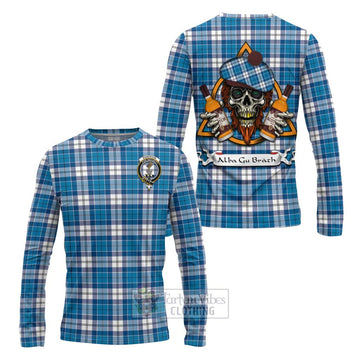 Roberton Tartan Long Sleeve T-Shirt with Family Crest and Bearded Skull Holding Bottles of Whiskey Unisex - Tartan Vibes Clothing