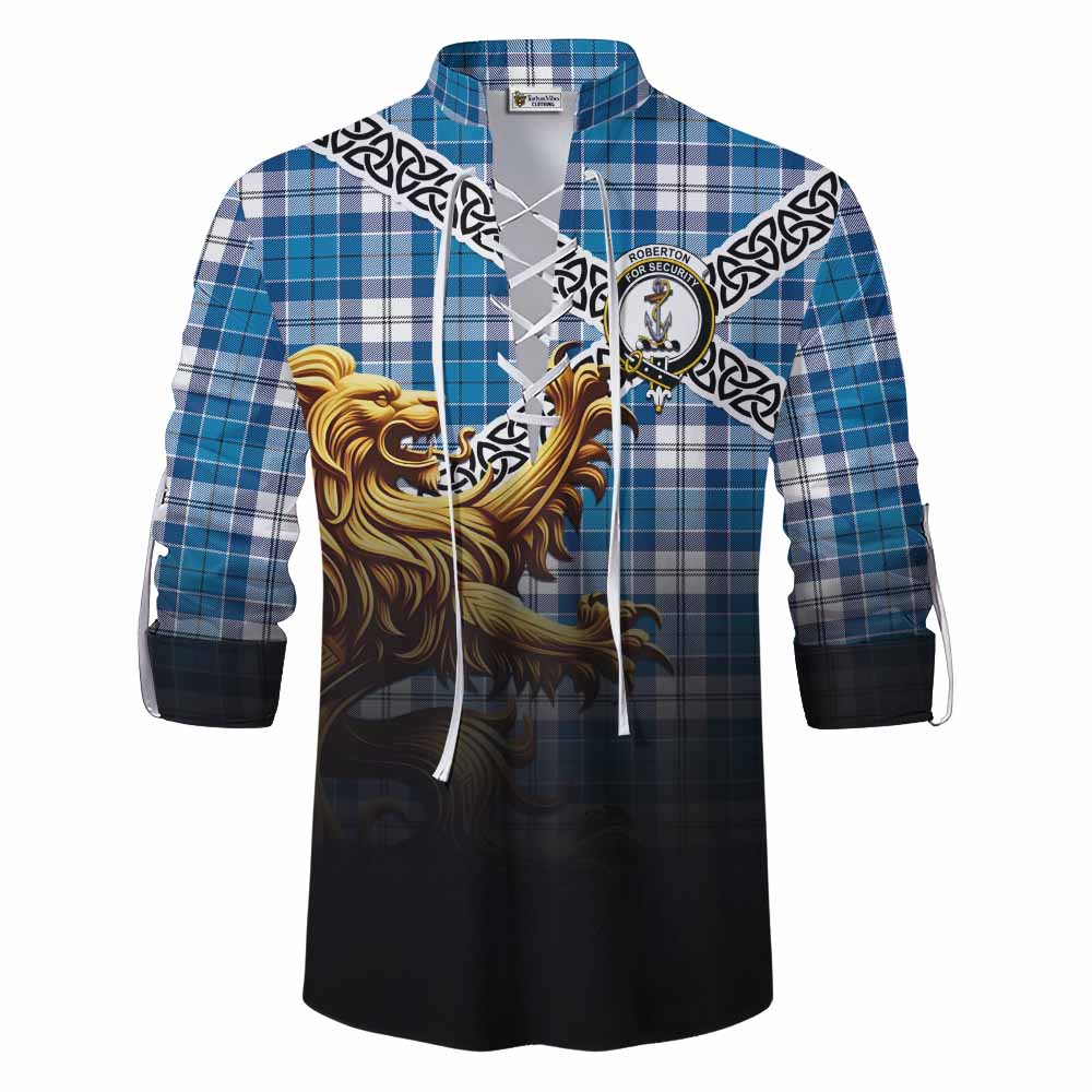 Roberton Crest Tartan Ghillie Kilt Shirt with Golden Lion Emblem Celtic Style Men - Tartan Vibes Clothing
