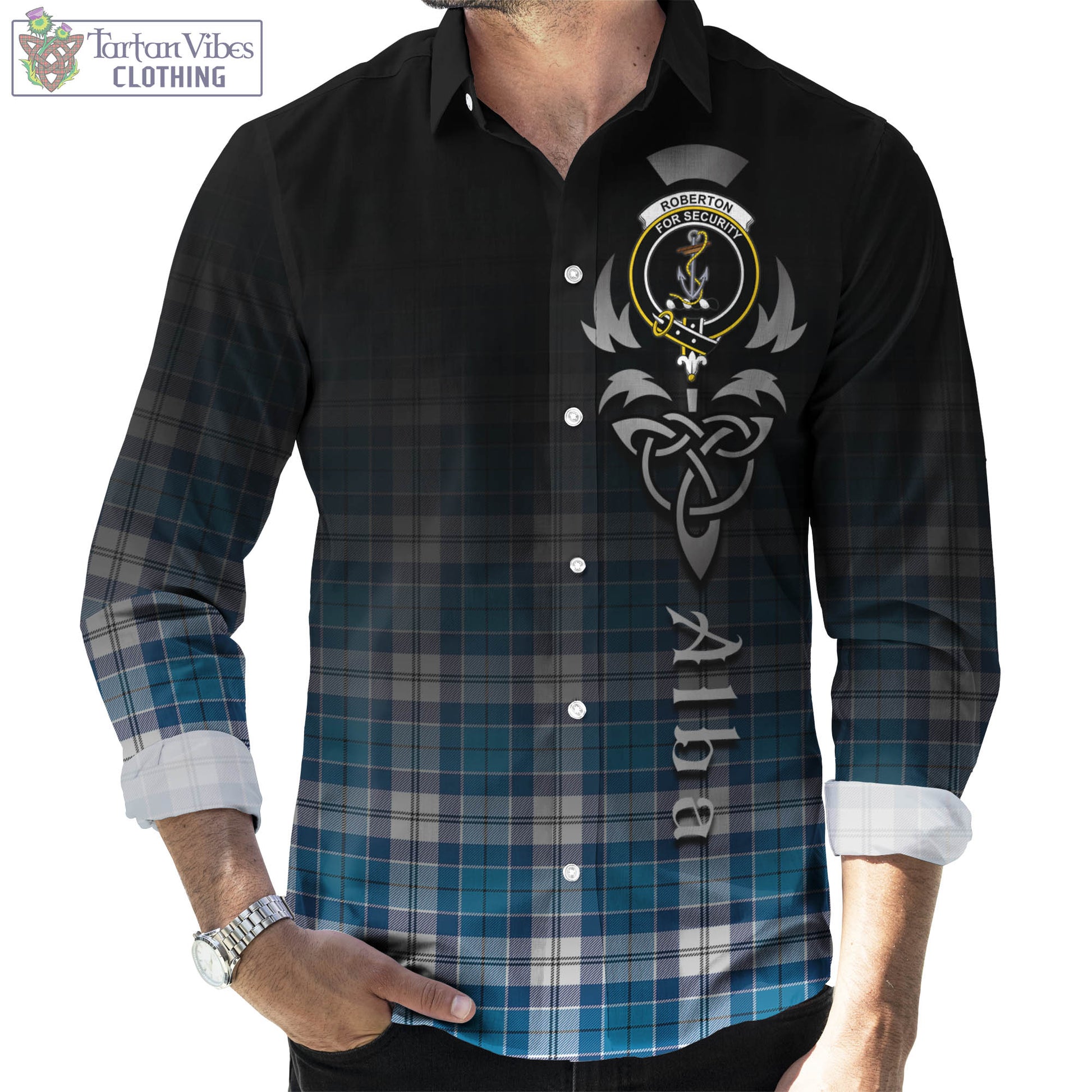 Roberton Tartan Long Sleeve Button Up Featuring Alba Gu Brath Family Crest Celtic Inspired Men's Shirt - Tartan Vibes Clothing