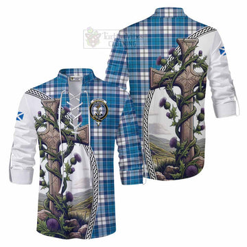Roberton Tartan Ghillie Kilt Shirt with Family Crest and St. Andrew's Cross Accented by Thistle Vines Men - Tartan Vibes Clothing