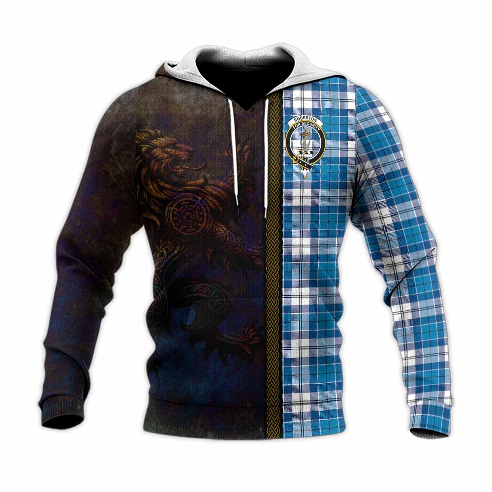 Tartan Vibes Clothing Roberton Tartan Family Crest Knitted Hoodie Alba Gu Brath Be Brave Lion Ancient Style