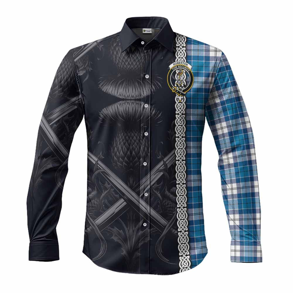 Tartan Vibes Clothing Roberton Tartan Long Sleeve Button Shirt with Family Crest Cross Sword Thistle Celtic Vibes