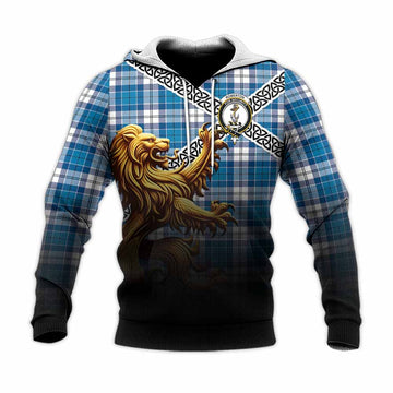 Tartan Vibes Clothing Roberton Crest Tartan Knitted Hoodie with Golden Lion Emblem Celtic Style