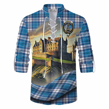 Roberton Tartan Family Crest Ghillie Kilt Shirt with Scottish Ancient Castle Style Men - Tartan Vibes Clothing