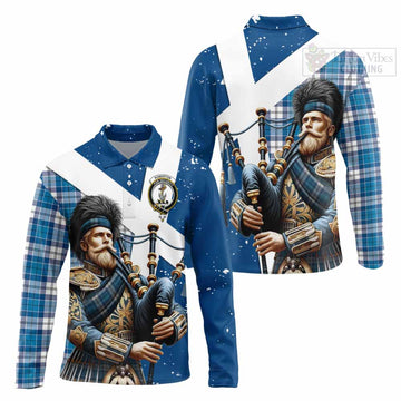 Roberton Tartan Long Sleeve Polo Shirt with Family Crest Scottish Bagpiper Vibes Unisex - Tartan Vibes Clothing