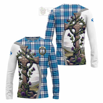 Roberton Tartan Long Sleeve T-Shirt with Family Crest and St. Andrew's Cross Accented by Thistle Vines Unisex - Tartan Vibes Clothing