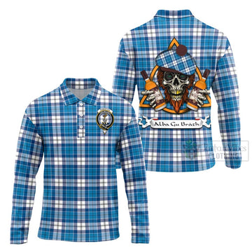 Roberton Tartan Long Sleeve Polo Shirt with Family Crest and Bearded Skull Holding Bottles of Whiskey Unisex - Tartan Vibes Clothing