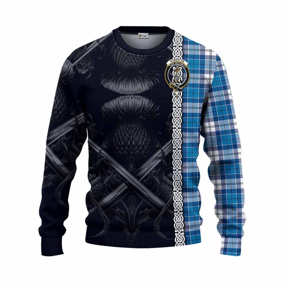 Roberton Tartan Knitted Sweater with Family Crest Cross Sword Thistle Celtic Vibes Unisex - Tartan Vibes Clothing