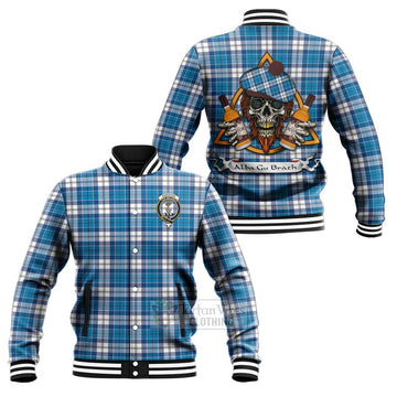 Roberton Tartan Baseball Jacket with Family Crest and Bearded Skull Holding Bottles of Whiskey Unisex - Tartan Vibes Clothing