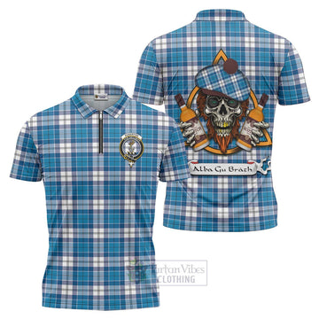 Roberton Tartan Zipper Polo Shirt with Family Crest and Bearded Skull Holding Bottles of Whiskey Unisex - Tartan Vibes Clothing
