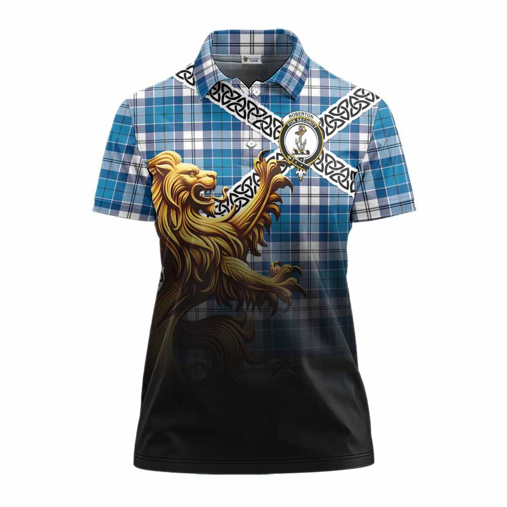 Roberton Crest Tartan Women's Polo Shirt with Golden Lion Emblem Celtic Style Women - Tartan Vibes Clothing