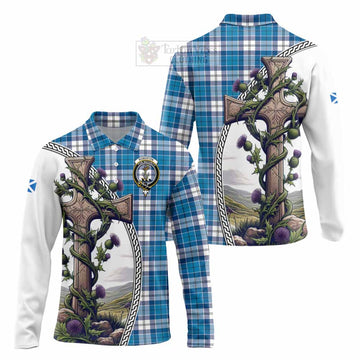 Roberton Tartan Long Sleeve Polo Shirt with Family Crest and St. Andrew's Cross Accented by Thistle Vines Unisex - Tartan Vibes Clothing