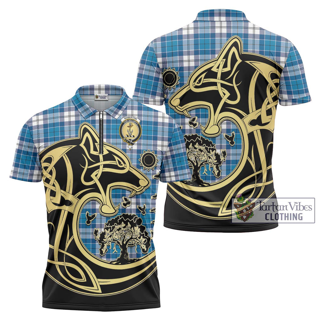 Roberton Tartan Zipper Polo Shirt with Family Crest Celtic Wolf Style Unisex - Tartan Vibes Clothing