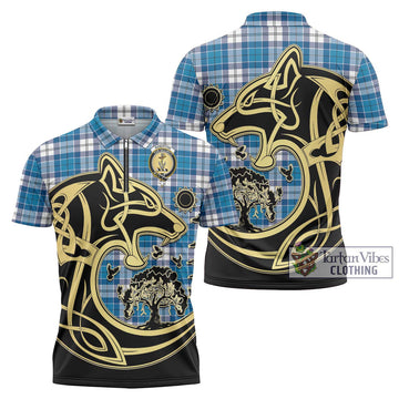 Roberton Tartan Zipper Polo Shirt with Family Crest Celtic Wolf Style Unisex - Tartan Vibes Clothing